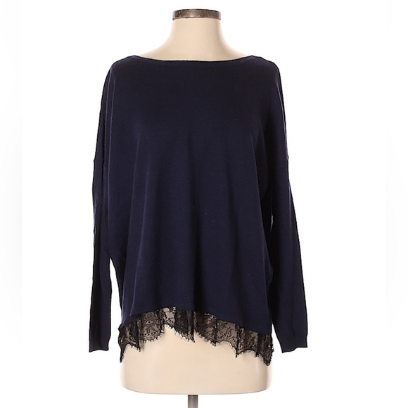 Navy blue Joie wool cashmere blend long sleeve with lace trim - Picture 1 of 9